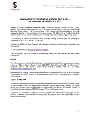 Shamaran to Present at Virtual Town Hall Meeting on September 2, 2021 (CNW Group/ShaMaran Petroleum Corp.)